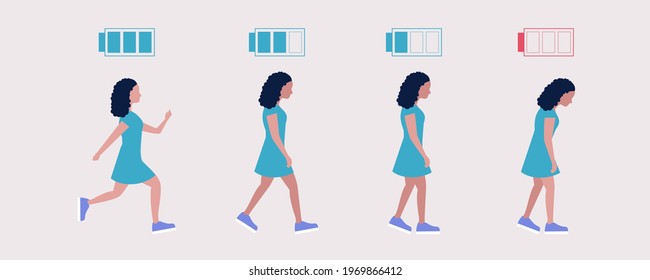 Low and full energy concept. Positive and sad woman. Colorful flat vector illustration.