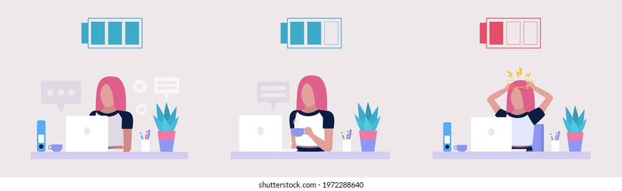 Low and full energy concept. Positive and sad working woman. Colorful flat vector illustration.