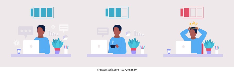 Low and full energy concept. Positive and sad working woman. Colorful flat vector illustration.