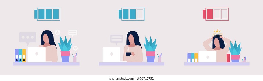 Low and full energy concept. Positive and sad working woman. Colorful flat vector illustration.