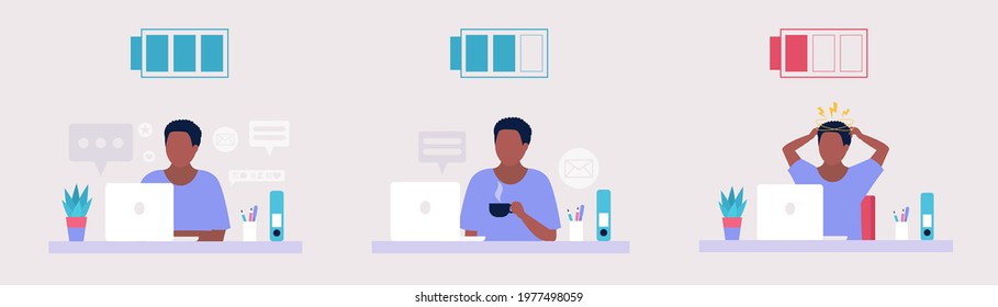 Low and full energy concept. Positive and sad working woman. Colorful flat vector illustration.
