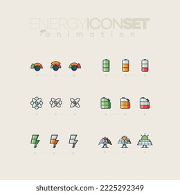 Low and Full Energy icon Set for Animation, Battery, Gasoline, Solar, Sun, Thunderbolt, Atom, Power and Energy Dial icons
