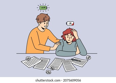 Low and full energy people concept. Young smiling man with full energy battery standing supporting tired stressed low energy woman sitting at table vector illustration 