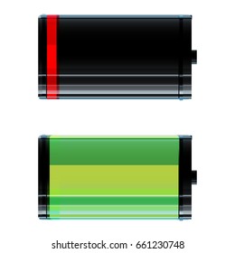 Low and full levels of batteries on isolated white background. Empty and charged battery icons. Vector illustration.