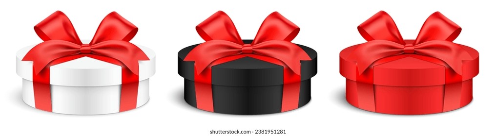 Low height round shape gift boxes wrapped with ribbons. White, black and red color realistic cylindrical giftbox set vector illustration isolated on white background.