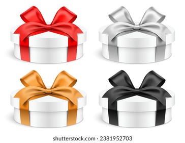 Low height round shape white gift boxes wrapped with red, silver, golden and black color ribbons. Realistic cylindrical giftbox set vector illustration, isolated on white background.