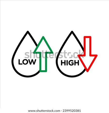 Low and high cholesterol icon. high level of good and bad ldl or hdl cholesterol in heart vein vessel to make clot indicator arrow vector symbol sign. Low and high cholesterol trans fat in body logo