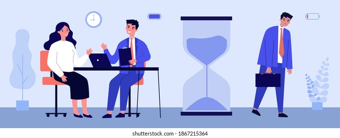 Low and high energy for work. Cheerful effective employees, exhausted worker flat vector illustration. Burnout, efficiency concept for banner, website design or landing web page