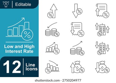 Low and high interest rate icon set. Financial percentage change, loan interest adjustment, banking rate increase and decrease, mortgage interest analysis, economic indicators, investment rate trend and more. Line vector icons collection.