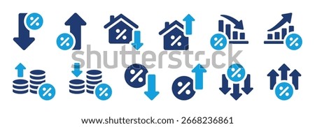 Low and high interest rate icon set. Percentage, growth, decline, mortgage, loan and finance symbols with up and down arrows for banking and economy. Solid vector icons collection.