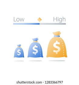 Low or high investment risk comparison, hedge fund, safe or insecure asset allocation, small or big money bag, interest rate, income growth, financial report concept, business expenses, vector icon