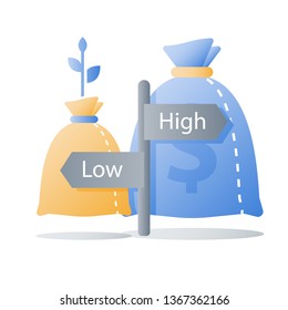 Low or high investment risk, small or large interest rate, slow or fast financial growth, capital allocation, earn less or more money, investment option, vector icon