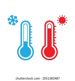 Low and high temperature icon set. Vector illustration of two thermometers showing cold and hot temperature. Snowflake and sun symbol. Winter, summer concept. Frosty and scorching day pictogram.