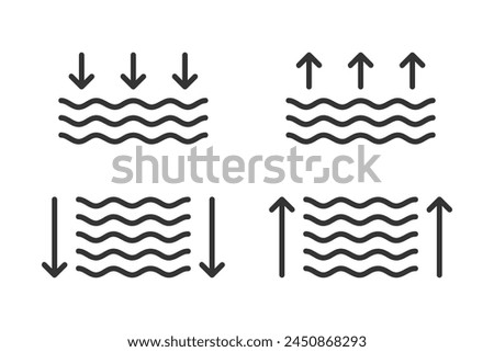 Low and High tide silhouette line icon set. Linear water depth icon with arrows.