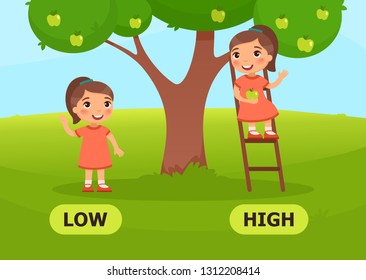 LOW and HIGN antonyms word card vector template. Flashcard for english language learning. Opposites concept. Asian little girl sitting on ladder, standing under tree illustration with typography