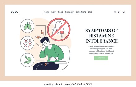 Low Histamine Diet concept. Educational illustration of intolerance symptoms with dietary exclusions. Health-conscious nutrition, allergen awareness. Vector illustration.