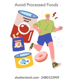 Low Histamine Diet concept. An individual actively avoids processed foods, promoting healthy dietary choices. Dietary management, well-being lifestyle. Vector illustration.