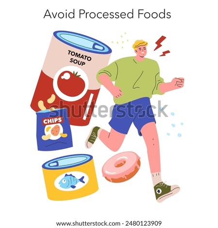 Low Histamine Diet concept. An individual actively avoids processed foods, promoting healthy dietary choices. Dietary management, well-being lifestyle. Vector illustration.