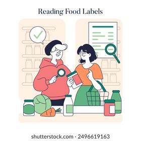 Low Histamine Diet concept. Individuals examining food labels carefully to maintain a specific dietary regimen. Vector illustration.