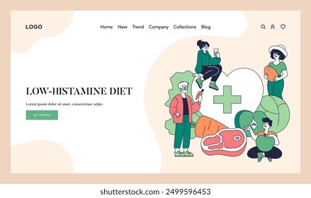 Low Histamine Diet concept. Individuals explore foods suitable for histamine intolerance management. Dietary guidance and healthful eating habits. Vector illustration.