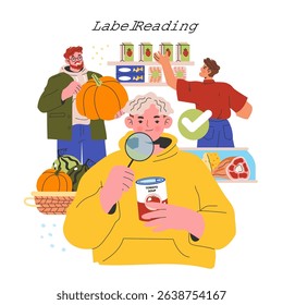 Low Histamine Diet concept. Individuals with magnifying glass reading food labels in grocery store for dietary needs. Vector illustration.