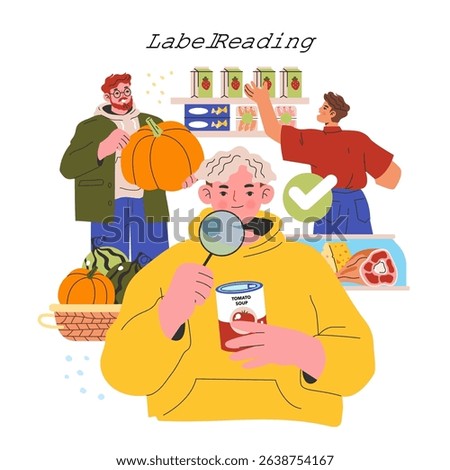 Low Histamine Diet concept. Individuals with magnifying glass reading food labels in grocery store for dietary needs. Vector illustration.