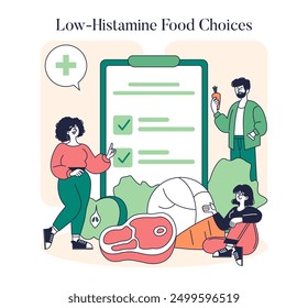 Low Histamine Diet concept. People learning about nutritional choices from a checklist. Health-conscious individuals embracing dietary adjustments. Vector illustration.