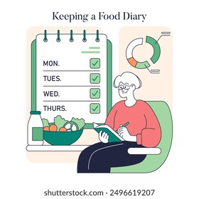 Low Histamine Diet concept. A person monitors dietary intake using a food journal to manage histamine levels. Nutritional planning and tracking for better health. Vector illustration.