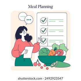 Low Histamine Diet concept. Woman organizing a meal plan with selected ingredients, ensuring dietary compliance. Vector illustration.