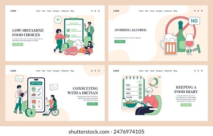 Low Histamine Diet set. Managing dietary choices and alcohol avoidance with professional guidance. Food diary practice for well-being. Vector illustration.