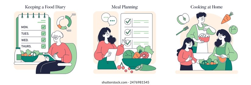 Low Histamine Diet set. Managing food intake with a food diary, discussion for meal planning, and family cooking at home. Vector illustration.