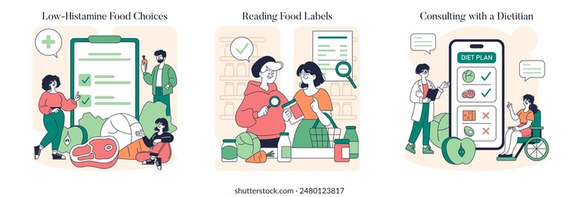 Low Histamine Diet set. Navigating safe food choices, understanding labels, and dietitian consultation. Health guidance through illustration. Vector illustration.