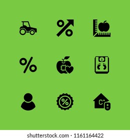 low icon. 9 low set with diet, tractor side view, interest and black male user symbol vector icons for web and mobile app