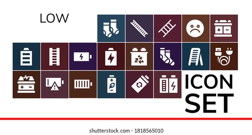 conjunto de iconos bajo. 19 iconos bajos rellenos.  Iconos modernos sencillos como: Socks, batería completa, batería, batería vacía, carga, carga, infeliz