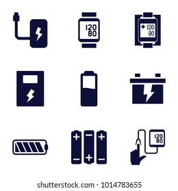 Low icons. set of 9 editable filled low icons such as battery, blood pressure measure