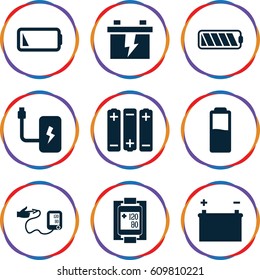 Low icons set. set of 9 low filled icons such as battery, blood pressure measure, blood pressure
