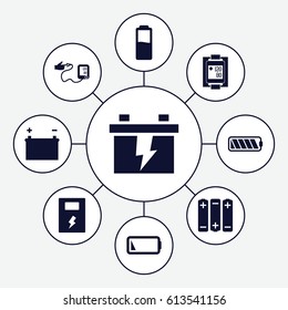 Low icons set. set of 9 low filled icons such as battery, blood pressure measure, blood pressure