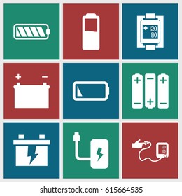 Low icons set. set of 9 low filled icons such as battery, blood pressure measure, blood pressure