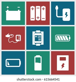 Low icons set. set of 9 low filled icons such as blood pressure measure, blood pressure, low battery