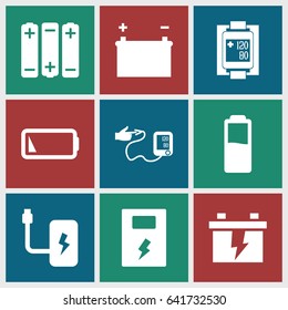 Low icons set. set of 9 filled icons such as battery, blood pressure measure, blood pressure