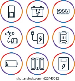 Low icons set. set of 9 low outline icons such as battery, blood pressure measure, blood pressure