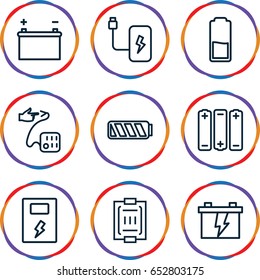 Low icons set. set of 9 low outline icons such as battery, blood pressure measure