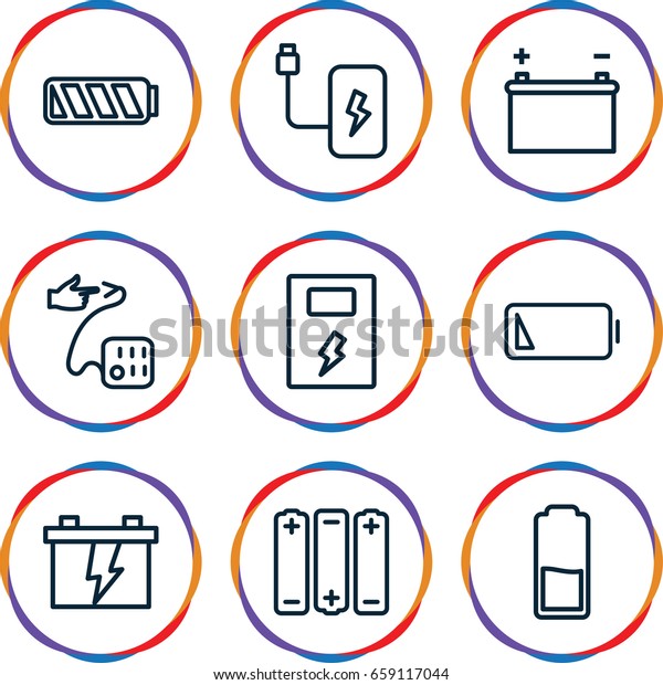Low icons set. set of 9 low outline icons such\
as battery, blood pressure