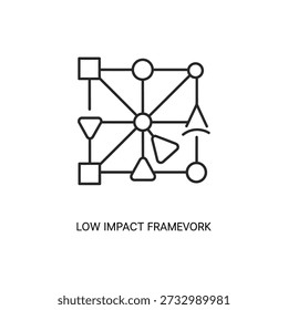 Low impact framework diagram showing interconnected geometric shapes and symbols on white background with simple black lines