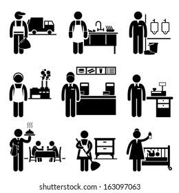 Low Income Jobs Occupations Careers - Garbage Man, Dishwasher, Janitor, Factory Worker, Fast Food Server, Cashier, Waiter, Maid, Nanny - Stick Figure Pictogram