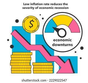 La baja tasa de inflación reduce la gravedad de la recesión económica. Implicación de la crisis económica y la caída del valor del dinero. Economía estatal durante los factores de recesión. Ilustración vectorial plana
