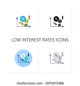 Low interest rates icons set.Stimulate economic growth.Low percentage to physical and financial assets. Business concept.Collection of icons in linear,filled,color styles.Isolated vector illustrations