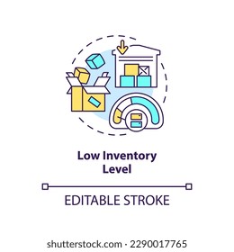 Low inventory level concept icon. More space. Lean manufacturing. Stock turnover abstract idea thin line illustration. Isolated outline drawing. Editable stroke. Arial, Myriad Pro-Bold fonts used