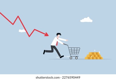 Low investor confidence, investing in gold during recession, safe haven asset against inflation concept, Businessman with shopping cart running away from downtrend graph attack and trying to buy gold.