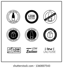  Low lactose drawn icon set. Healthy lettering symbols and signs of low lactose. Black and white low lactose vector logos for products. Vector.